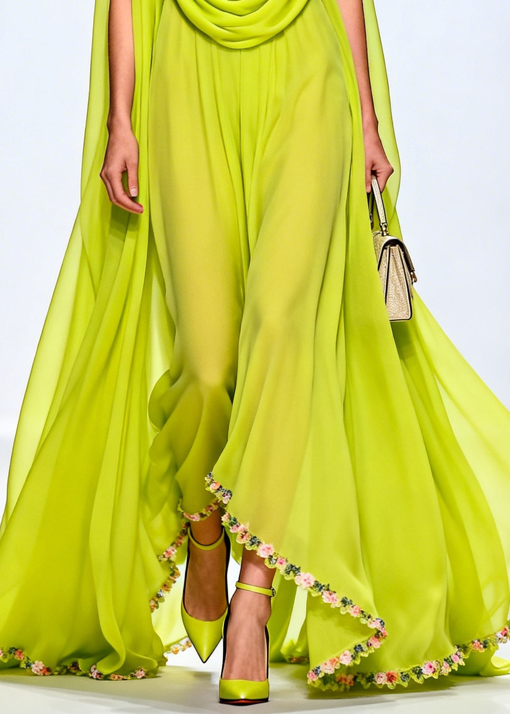 Fluorescent Green Turtle Neck Exra Large Hem Chiffon Party Dress Sleeveless