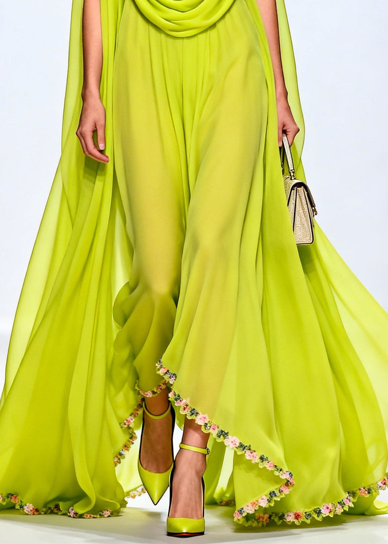 Fluorescent Green Turtle Neck Exra Large Hem Chiffon Party Dress Sleeveless