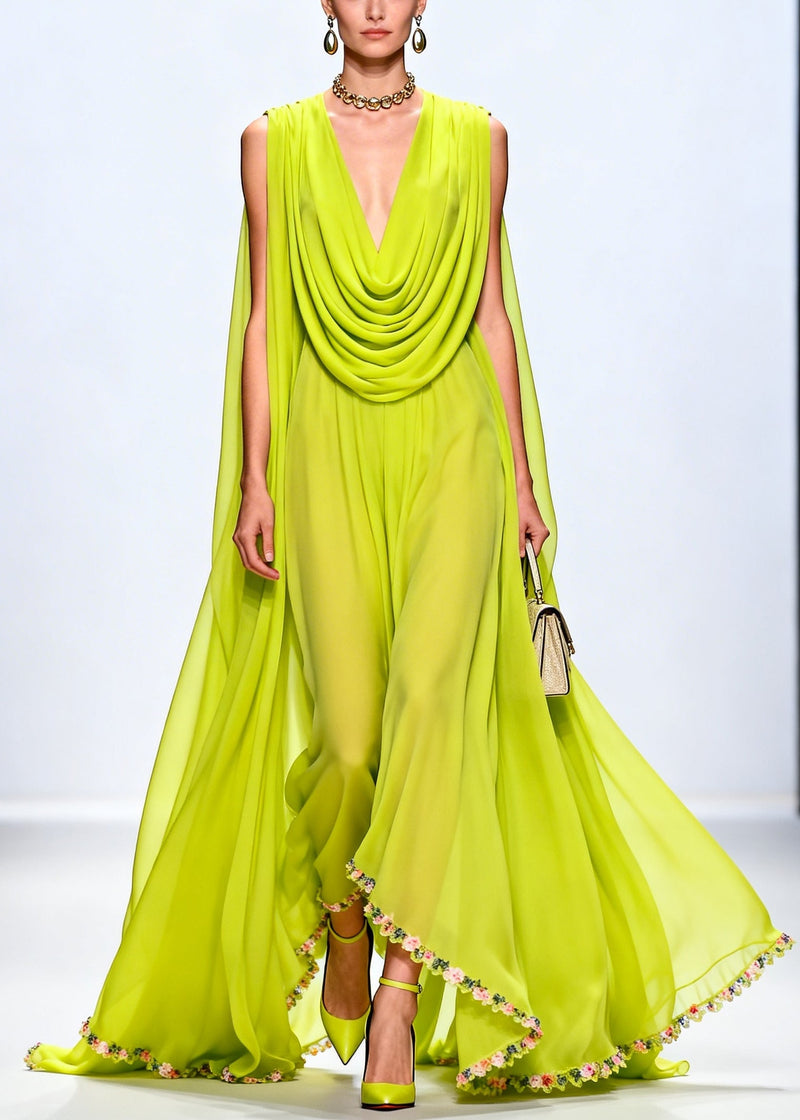 Fluorescent Green Turtle Neck Exra Large Hem Chiffon Party Dress Sleeveless