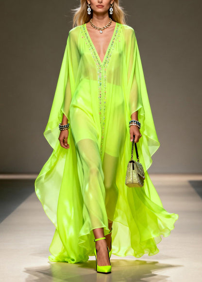 Fluorescent Green V Neck Zircon Chiffon Robe Dresses Summer