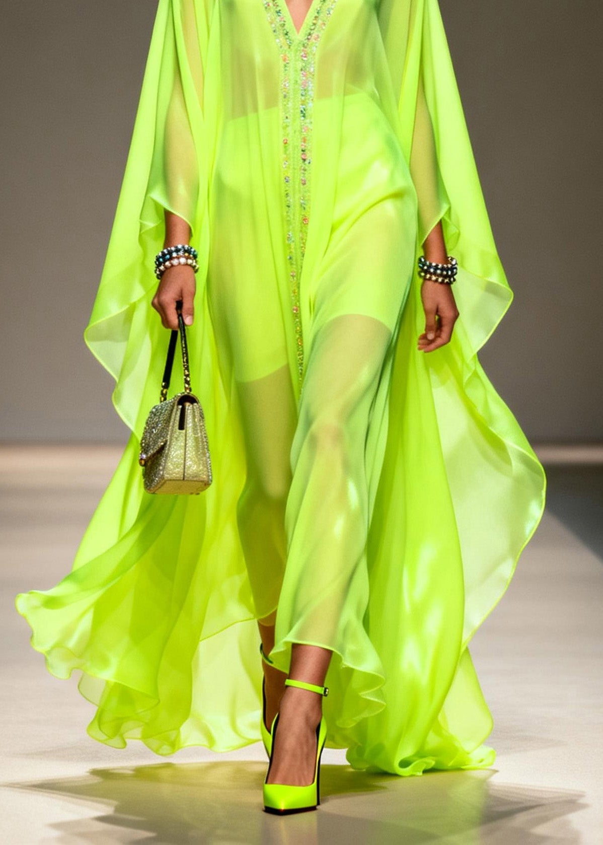 Fluorescent Green V Neck Zircon Chiffon Robe Dresses Summer