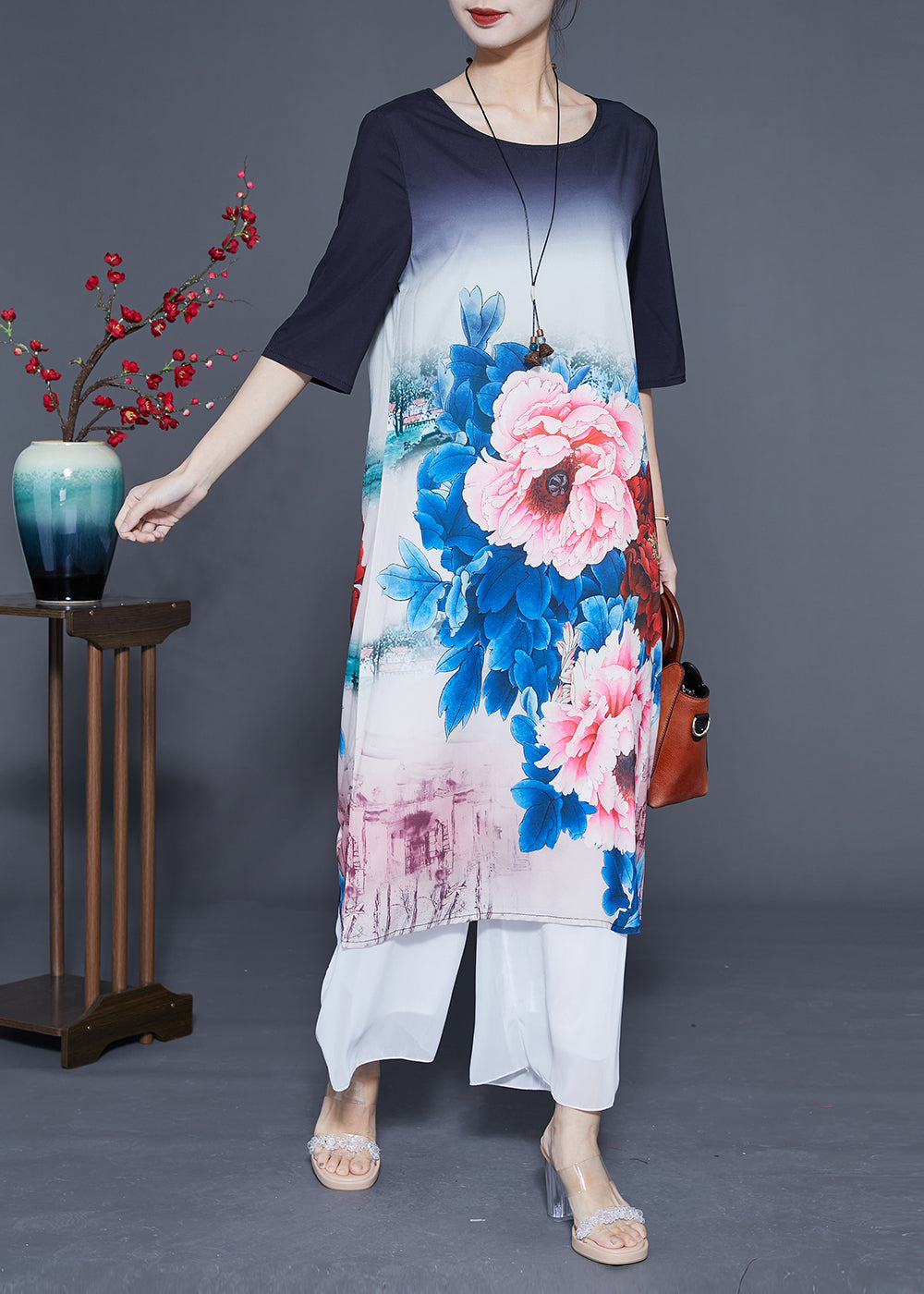 Gradient Color O-neck Print Silk Vacation Dresses Half Sleeve