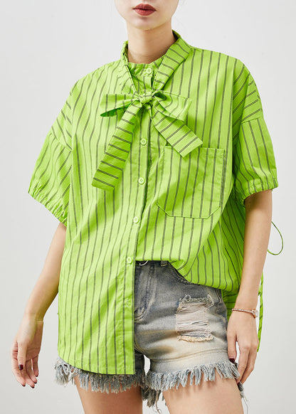 Grass Green Striped Cotton Shirt Tops Summer