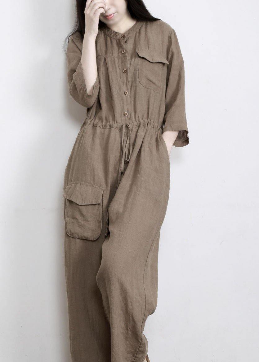 Gray Drawstring Outfits Rompers Linen