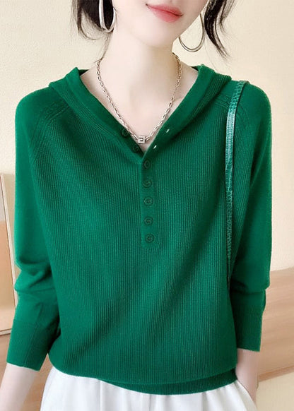 Green Button Hooded Knit Sweaters Spring