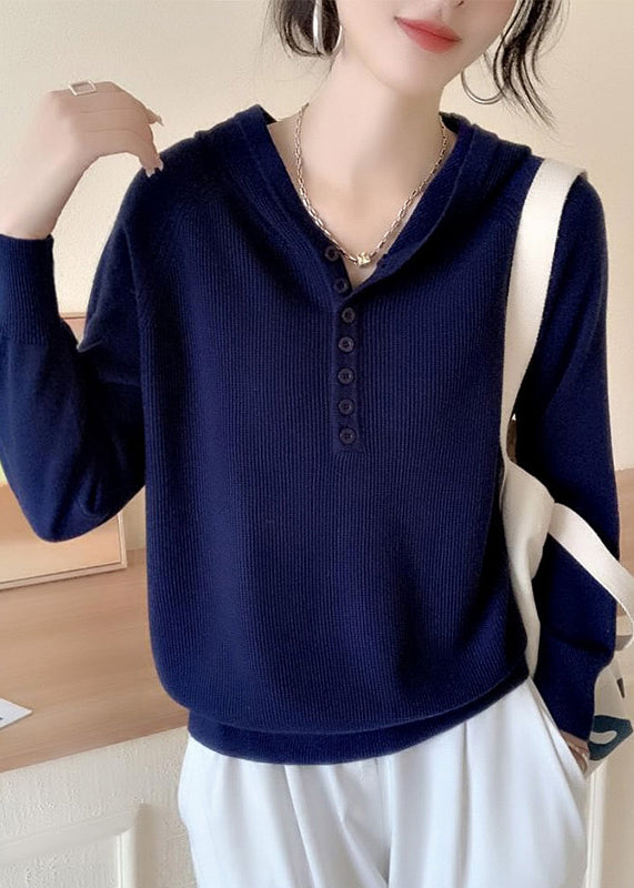 Green Button Hooded Knit Sweaters Spring