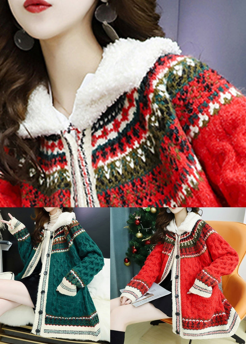 Green Button Pockets Thick Knit Coat Long Sleeve