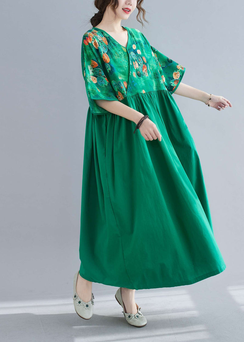 Green Cinched Print Long Dress Half Sleeve