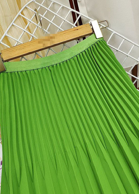 Green Elastic Waist Wrinkled Silk Pleated Skirts Spring