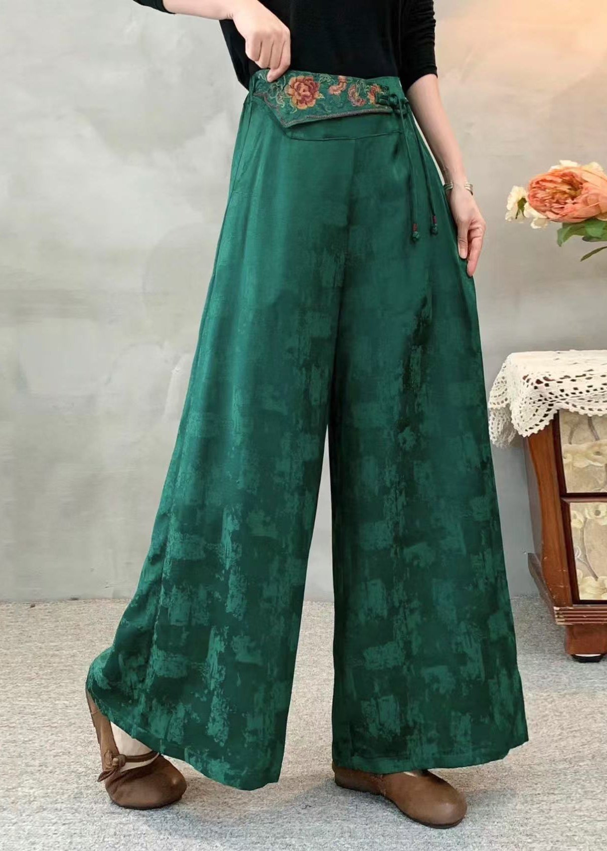 Green Embroidered Silk Wide Leg Pants Spring