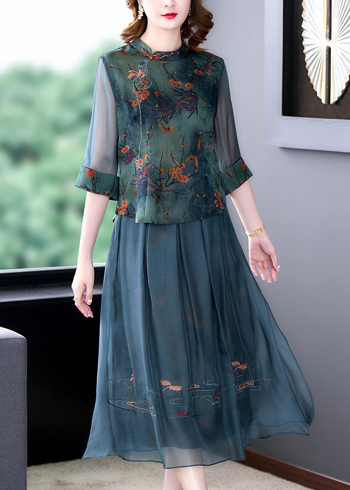 Green Embroidered Button Silk Shirts and Maxi Skirts Two Pieces Set Half Sleeve