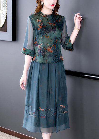 Green Embroidered Button Silk Shirts and Maxi Skirts Two Pieces Set Half Sleeve