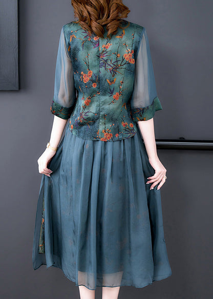 Green Embroidered Button Silk Shirts and Maxi Skirts Two Pieces Set Half Sleeve