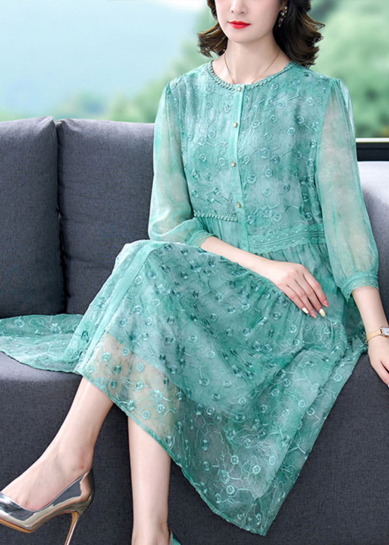 Green Embroideried Patchwork Silk Mid Dress Summer