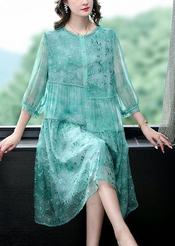 Green Embroideried Patchwork Silk Mid Dress Summer
