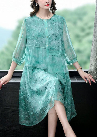 Green Embroideried Patchwork Silk Mid Dress Summer