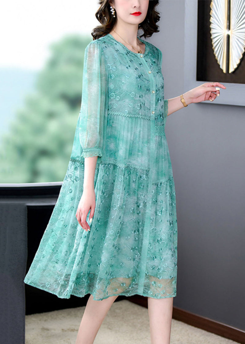 Green Embroideried Patchwork Silk Mid Dress Summer