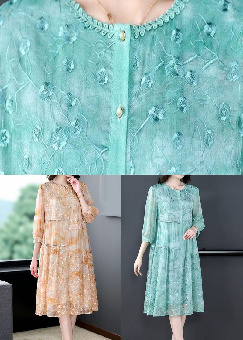 Green Embroideried Patchwork Silk Mid Dress Summer