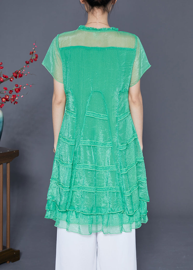 Green Hollow Out Patchwork Layered Design Tulle a Line Dress Summer