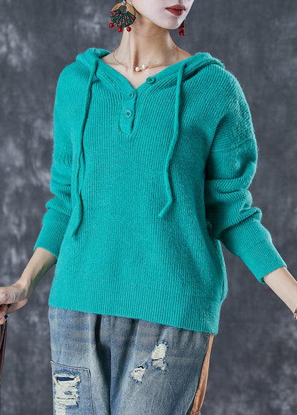 Green Hooded Drawstring Knit Sweatshirts Top Fall