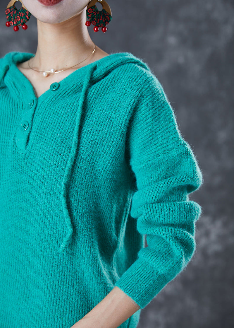 Green Hooded Drawstring Knit Sweatshirts Top Fall