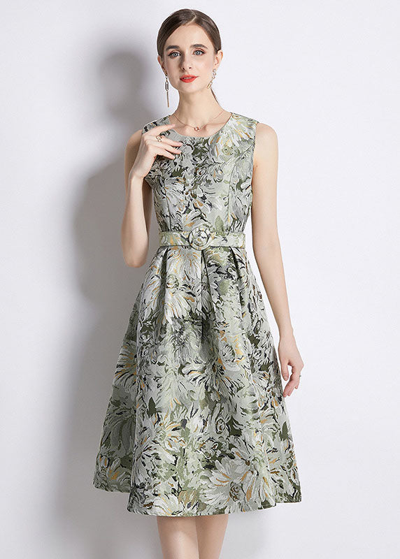 Green Jacquard Wrinkled Tie Waist Patchwork Cotton Mid Dress Sleeveless