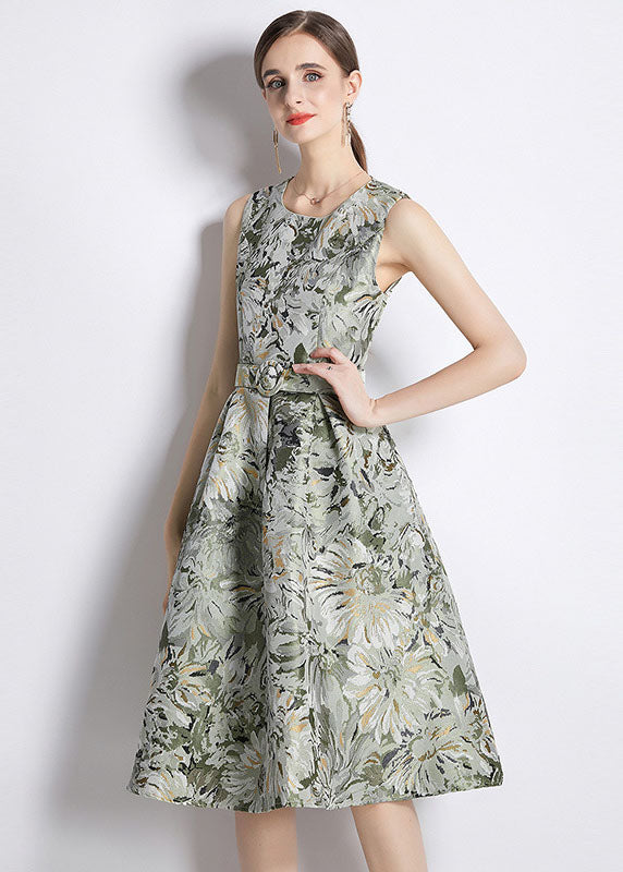 Green Jacquard Wrinkled Tie Waist Patchwork Cotton Mid Dress Sleeveless