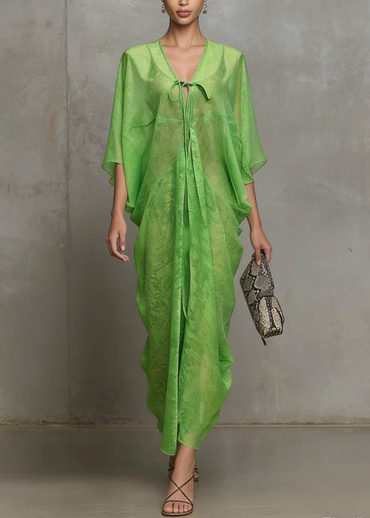 Green Lace Up Chiffon Vacation Dress Summer