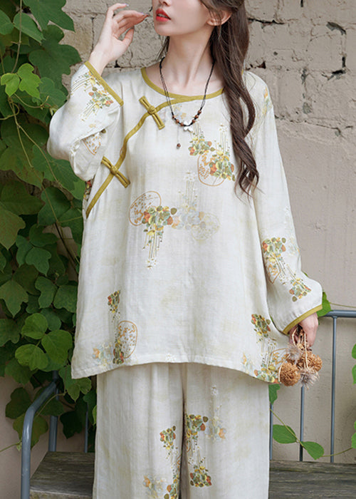 Green O Neck Button Print Cotton Two Pieces Set Long Sleeve