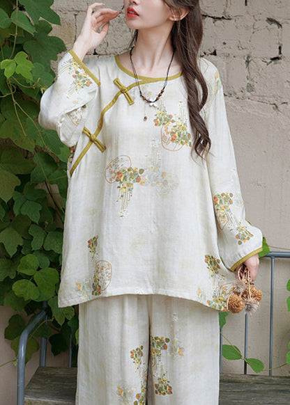 Green O Neck Button Print Cotton Two Pieces Set Long Sleeve