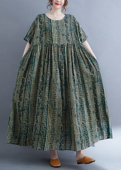 Green O-neck Cinched Print Extra Large Hem Long Dresses Short Sleeve
