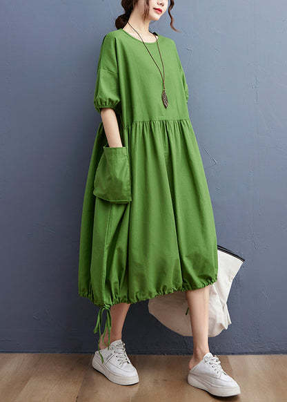 Green O-neck Cinched Drawstring Pocket Vacation Dresses Short Sleeve