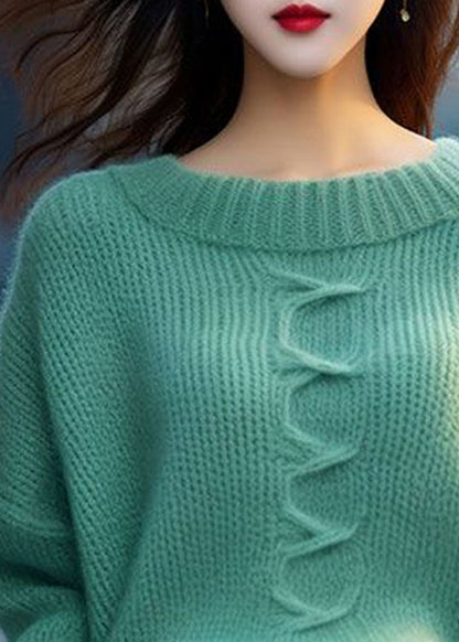 Green O Neck Cozy Cotton Knit Sweaters Long Sleeve