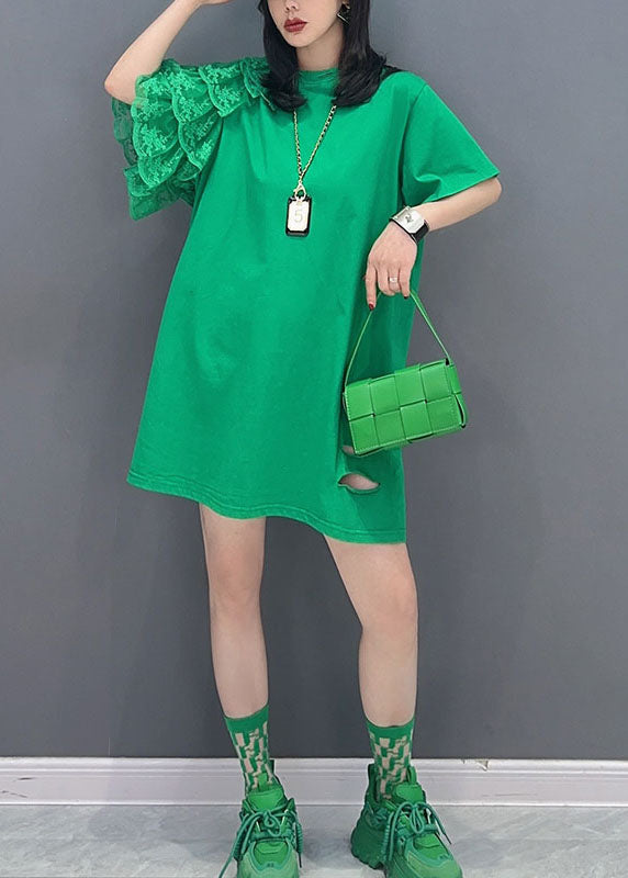 Green O Neck Lace Patchwork Cotton T Shirt Summer