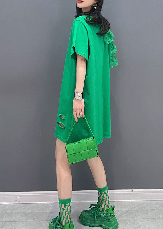 Green O Neck Lace Patchwork Cotton T Shirt Summer