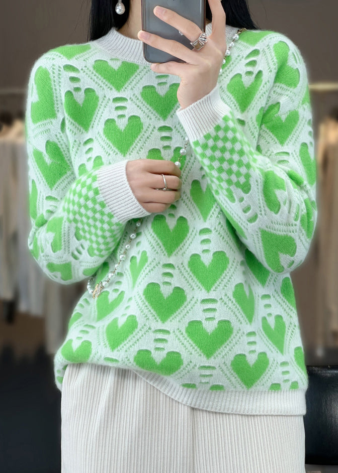 Green O Neck Patchwork Cashmere Knit Top Long Sleeve