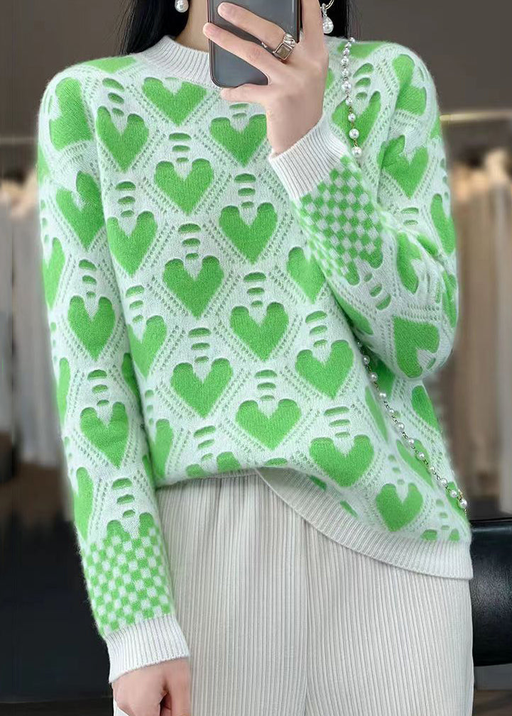 Green O Neck Patchwork Cashmere Knit Top Long Sleeve