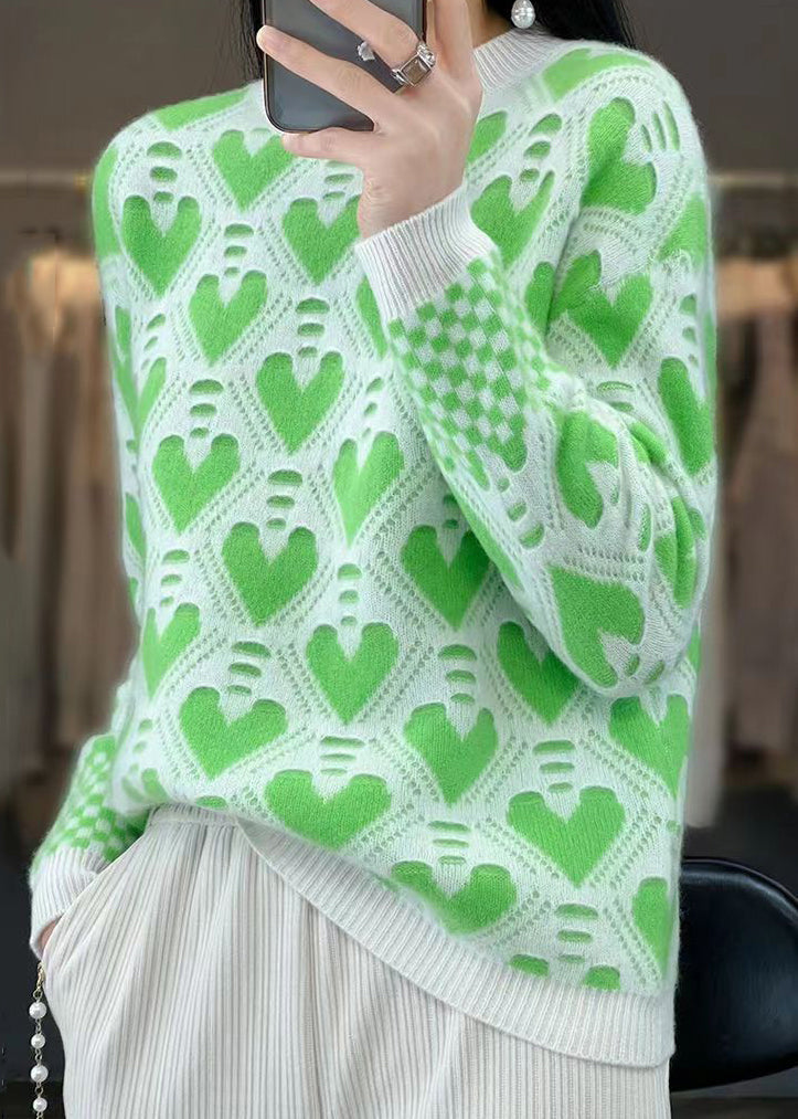 Green O Neck Patchwork Cashmere Knit Top Long Sleeve