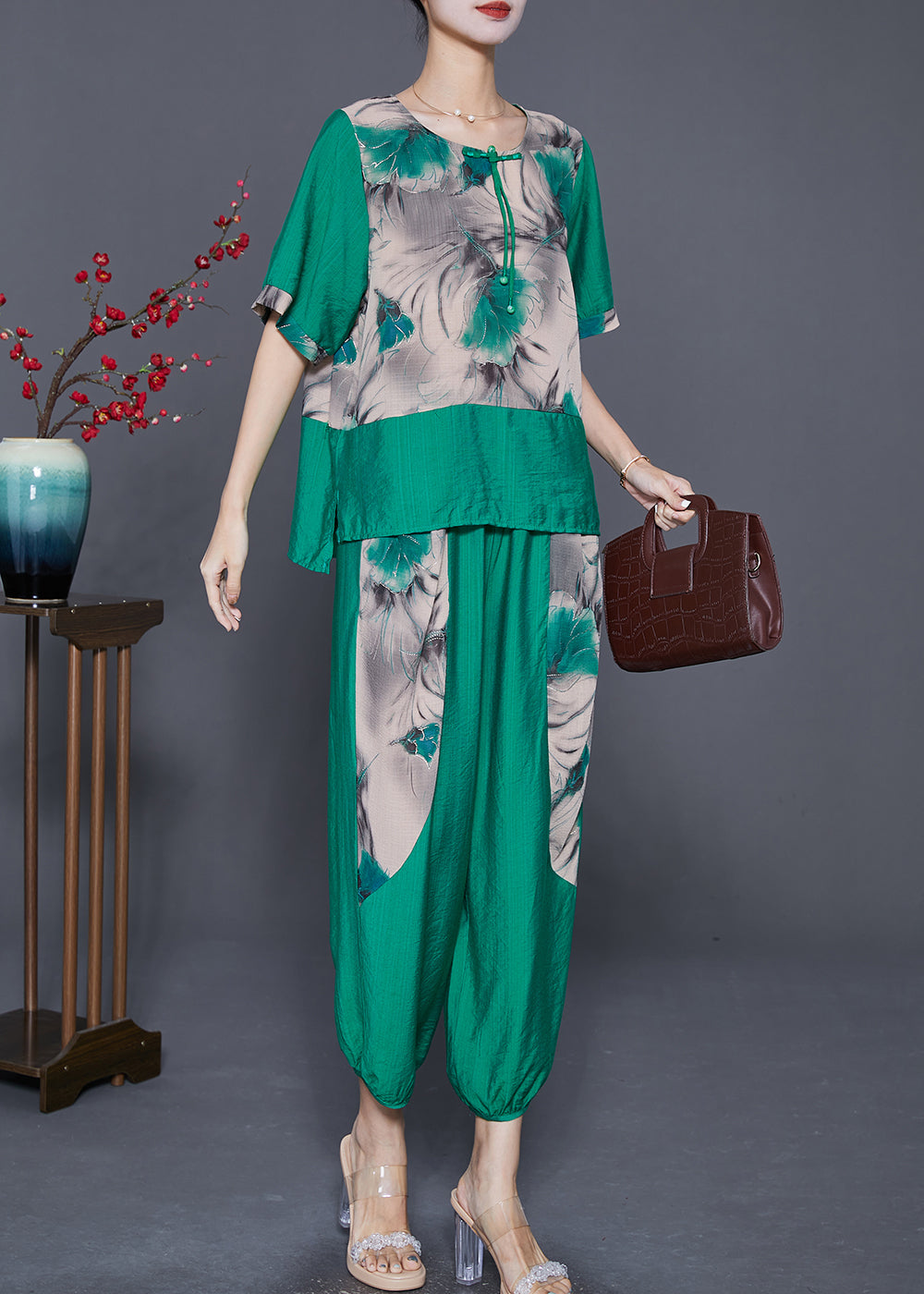 Green O-neck Patchwork Tassel Linen Two Pieces Set Summer