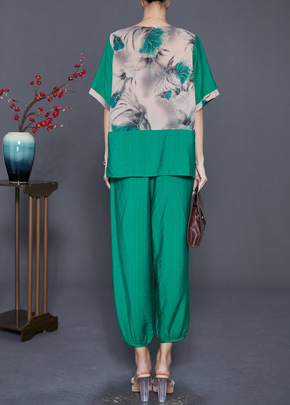 Green O-neck Patchwork Tassel Linen Two Pieces Set Summer