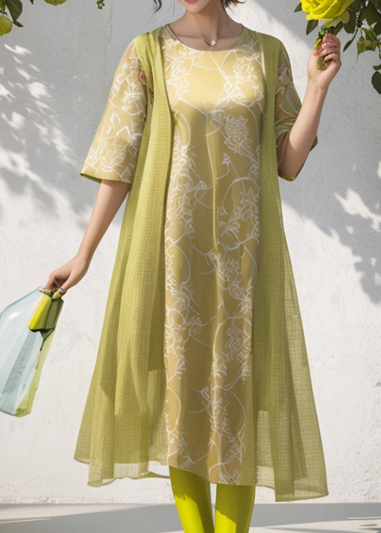 Green O Neck Print Patchwork Silk Dresses Summer