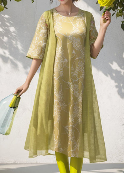 Green O Neck Print Patchwork Silk Dresses Summer