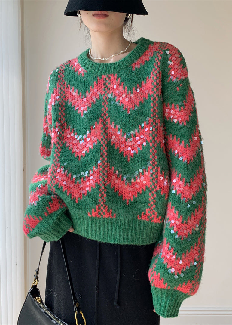 Green O Neck Sequins Patchwork Knit Sweaters Spring