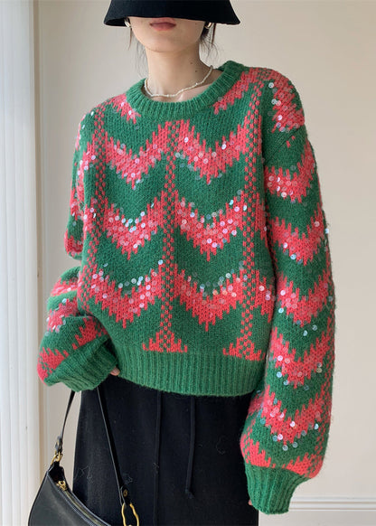 Green O Neck Sequins Patchwork Knit Sweaters Spring