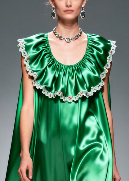Green Oversized Patchwork Flower Lace Silk Maxi Dresses Sleeveless
