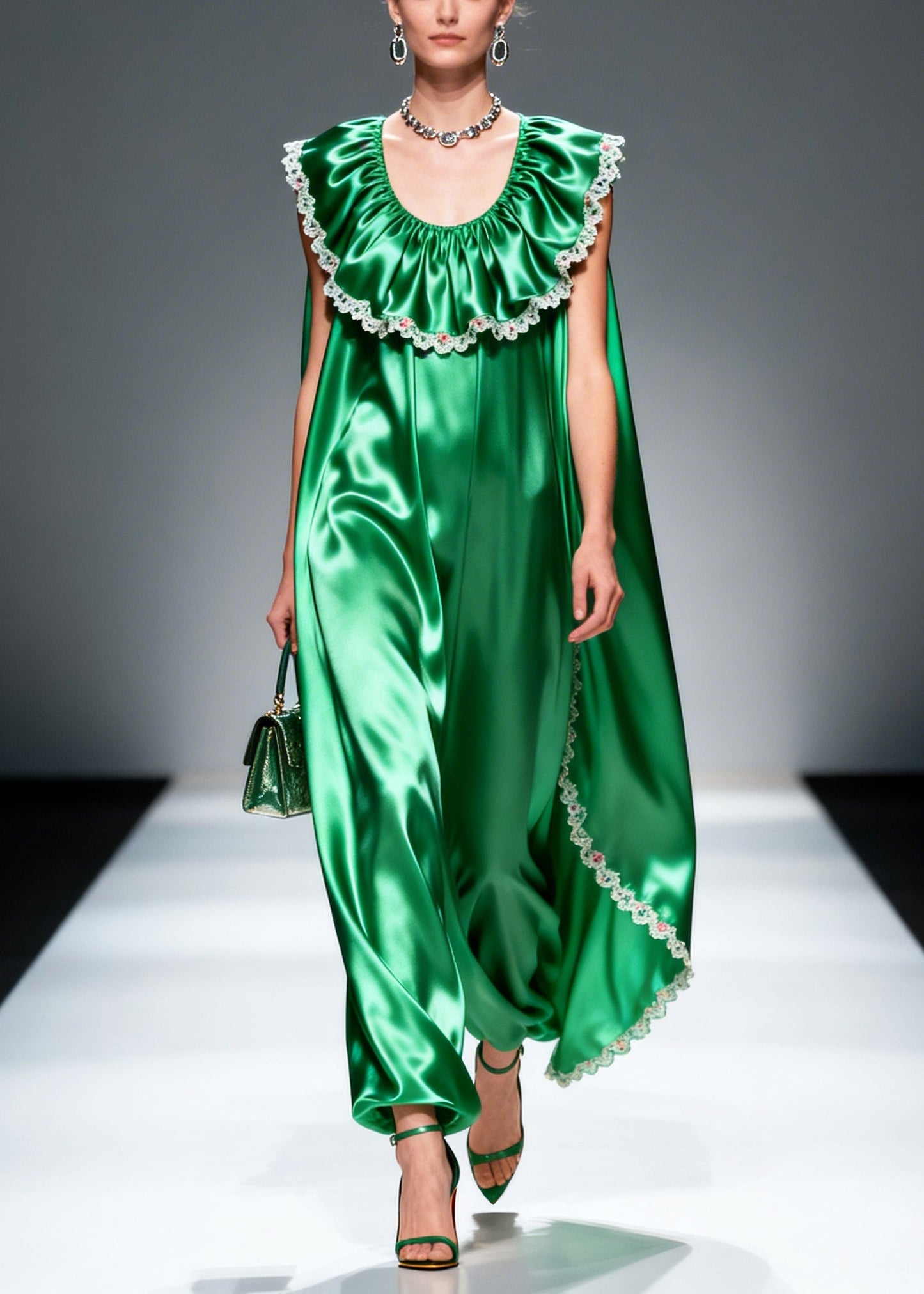 Green Oversized Patchwork Flower Lace Silk Maxi Dresses Sleeveless