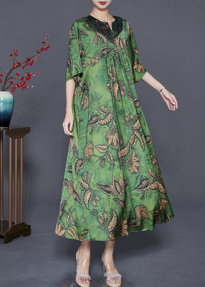 Green Oversized Print Exra Large Hem Silk Ankle Dress Summer