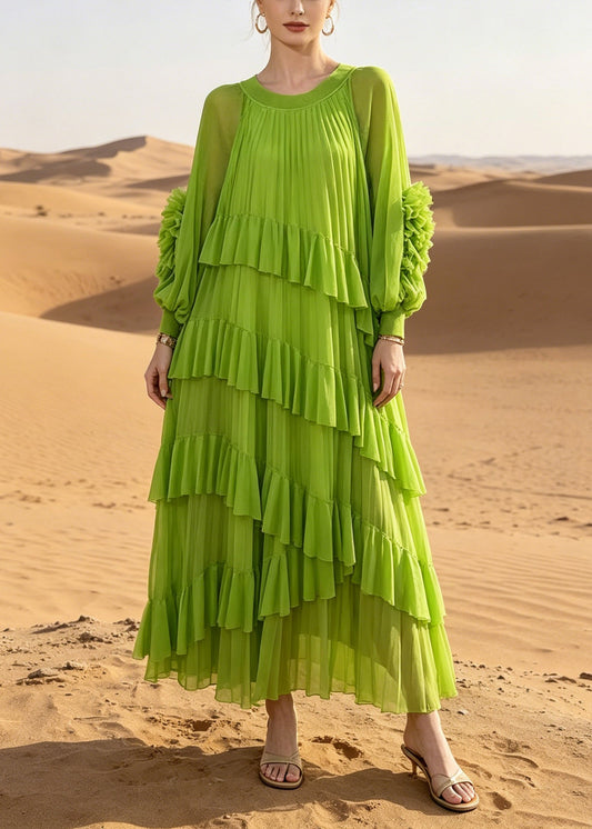 Green Oversized Ruffles Chiffon Vacation Dress Summer