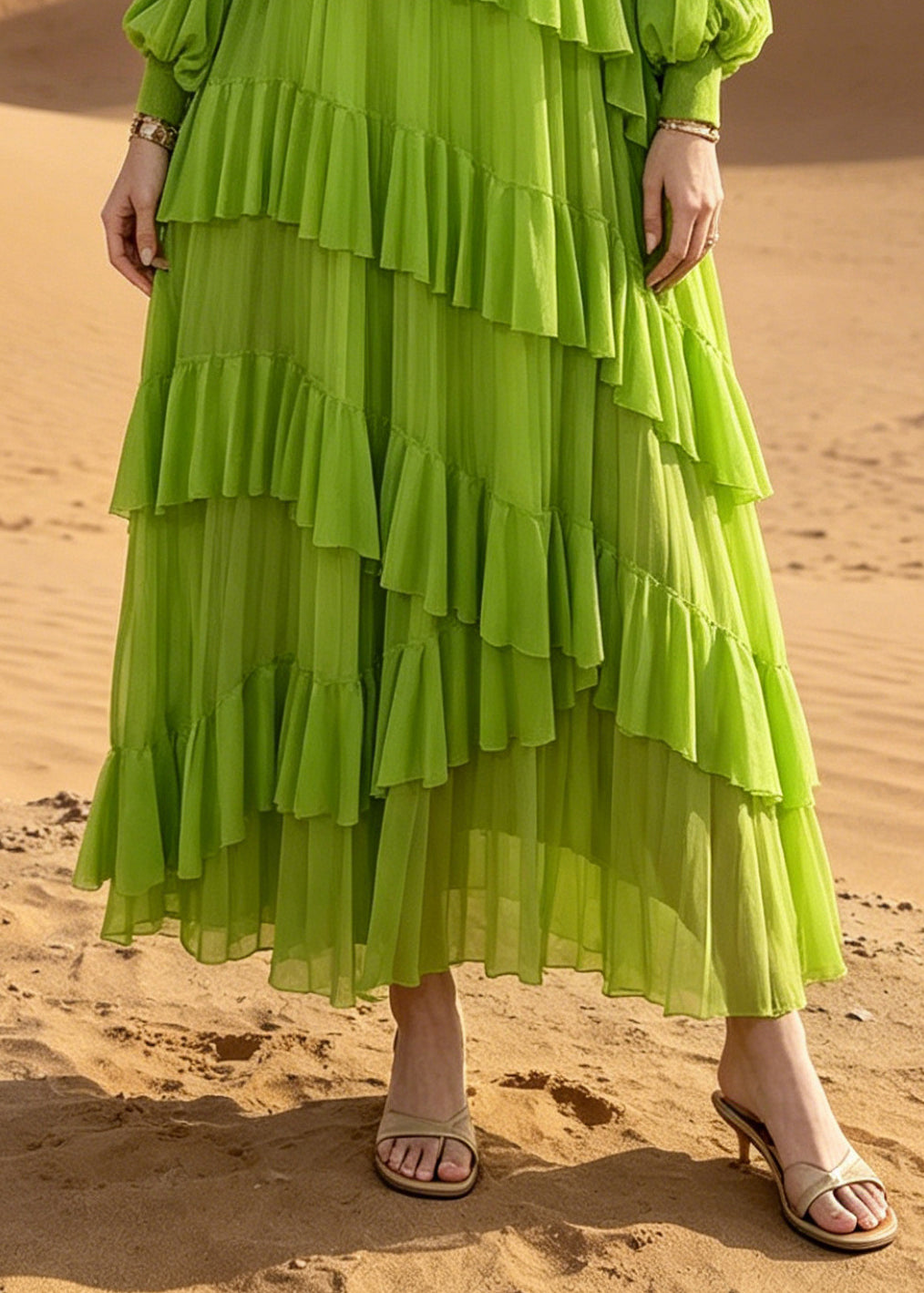 Green Oversized Ruffles Chiffon Vacation Dress Summer