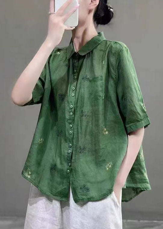 Green Peter Pan Collar Embroideried Patchwork Cotton Shirts Top Summer